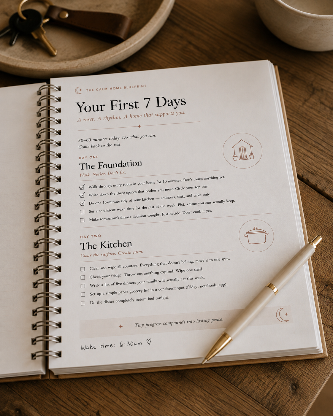 LIORA Calm Home Blueprint interior — The Minimum Viable Home page showing Must Do, Release For Now, and Accept Support framework