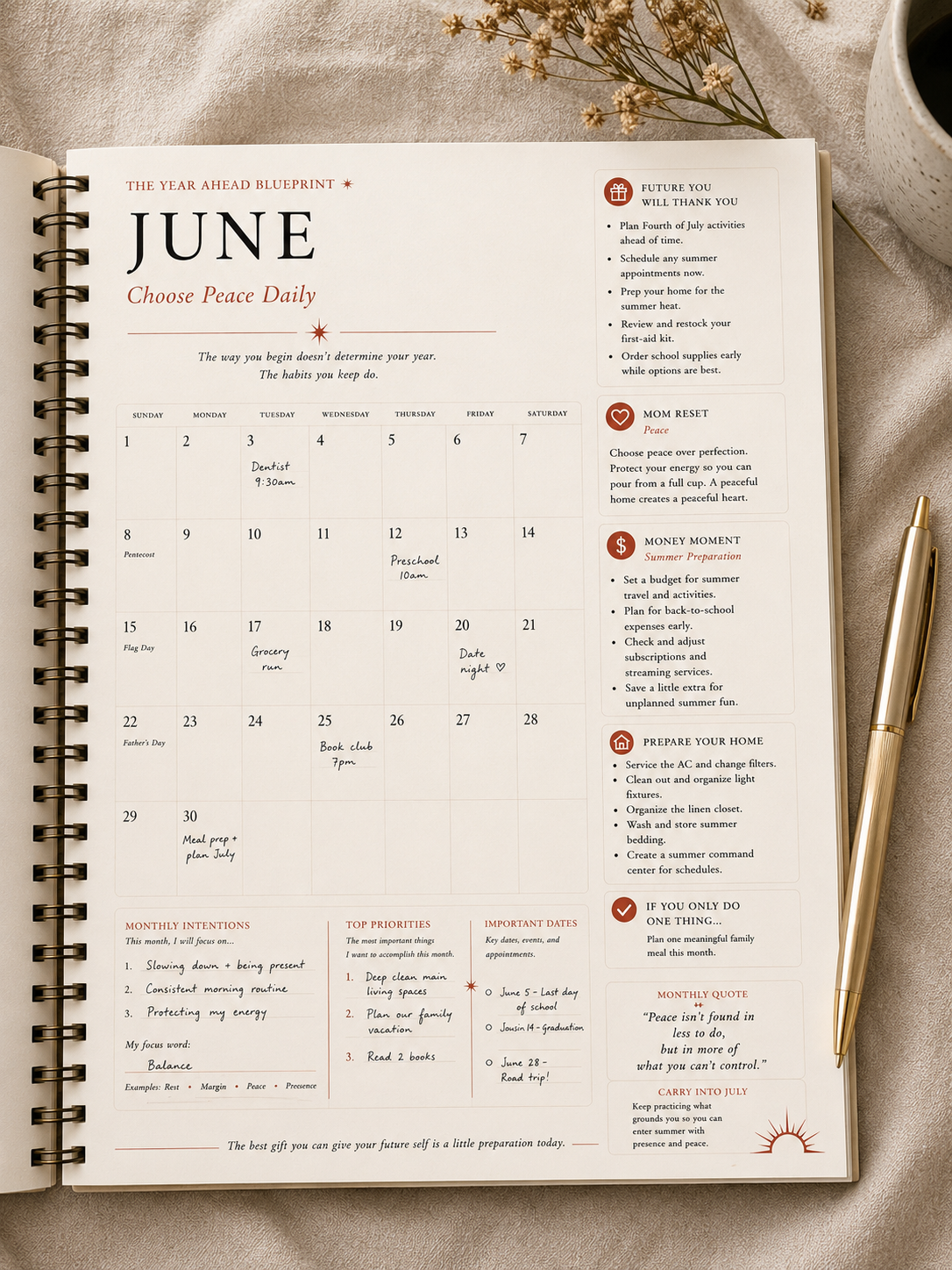 LIORA Year Ahead Blueprint interior — June monthly spread shown in use with handwritten appointments, intentions, priorities, and monthly planning structure