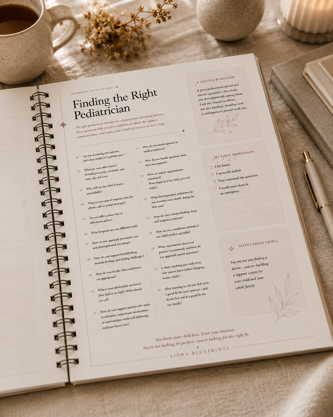 LIORA First Six Months Blueprint interior — Finding the Right Pediatrician page showing 20 guided interview questions and My First Impression checklist for building your child's care team
